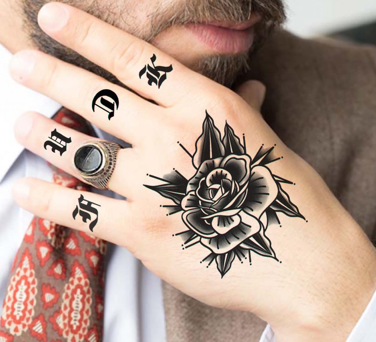 Temporary Tattoo Stickers for Men, Women, Boys & Girls Waterproof Tattoo Stickers Flowers Butterfly Stars angle wolf Armband words 3D Realistic Tattoo Stickers Gothic Rose Hand Temporary Tattoo Set, Black Traditional Design, Size Size-11X08 cm QS-001-image-29