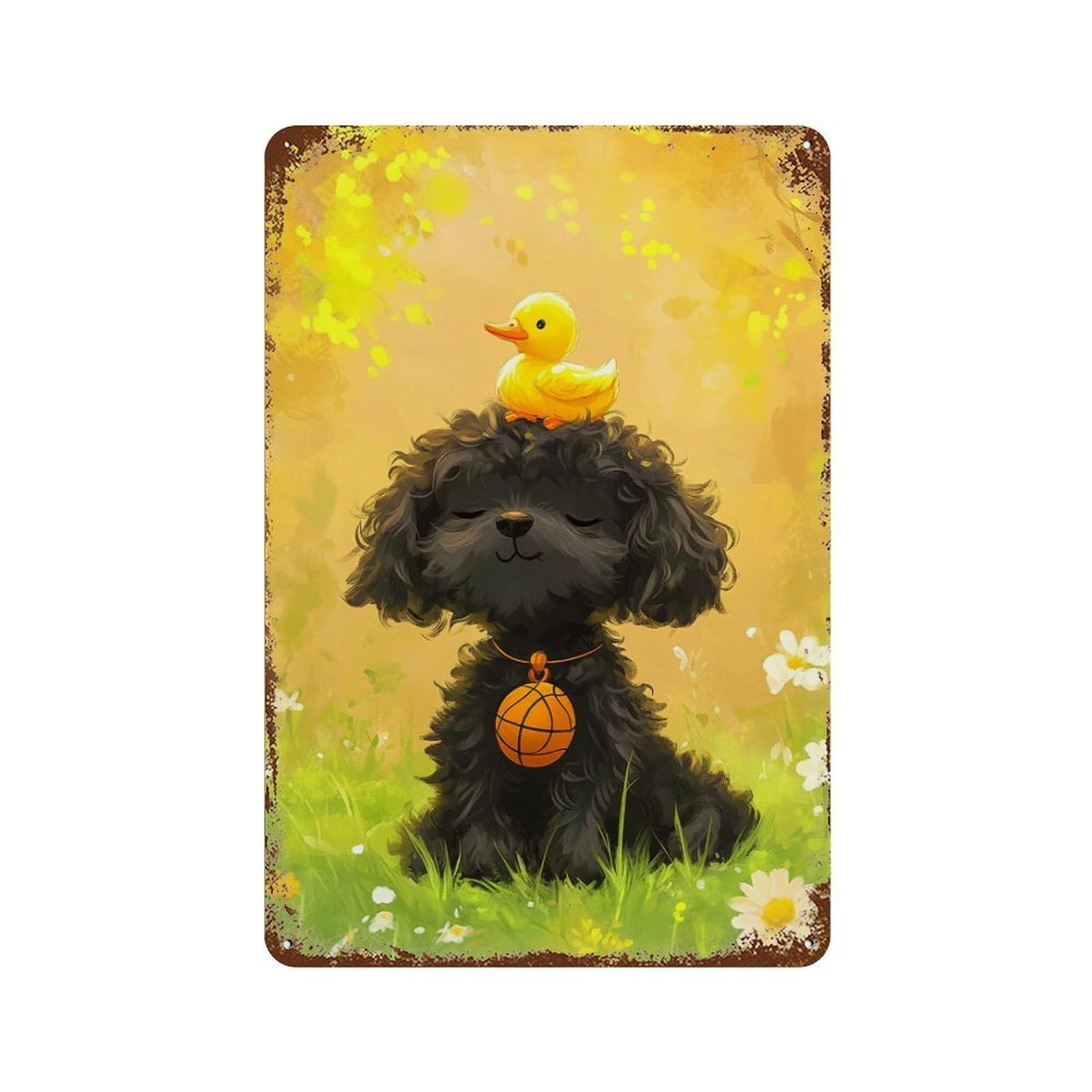 Golden Poodle with Rubber Duck Rust Effect Tin Sign 11.8"x7.9", Vintage Wall Decor for Garage, Pub Or Kitchen