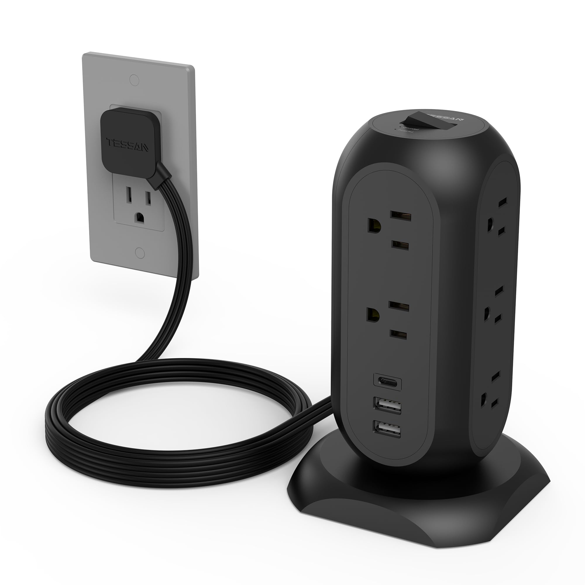 TESSAN Tower Power Strip Flat Plug with 11 Outlets 3 USB (1 USB C), Surge Protector Tower 1625W/13A,1050J Protection, 6 Feet Extension Cord with