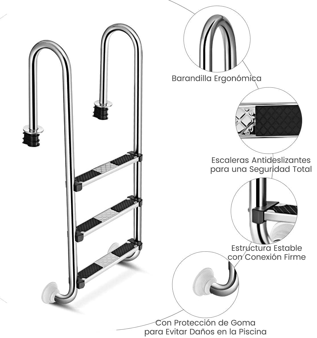 RELAX4LIFE Escalera de Piscina de Acero Inoxidable con 3 Peldaños Antideslizantes, Escalera Piscina Desmontable para Piscina, SPA y Parques Acuático, Carga 150kg, 55x25x132,5cm, Plateado