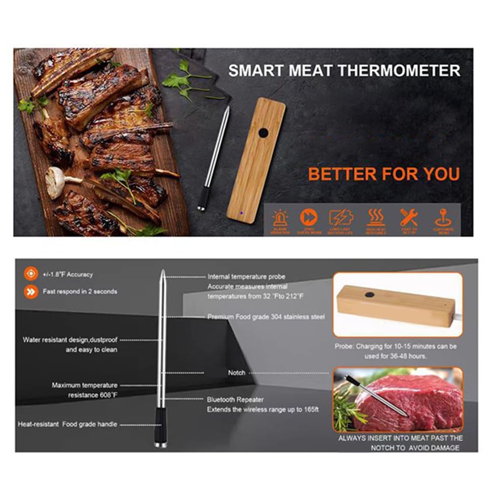 Termometro per Carne Wireless per BBQ e Cottura al Forno, Impermeabile, Termometro Alimentare Bluetooth, Termometro per Alimenti, Termometro per Carne
