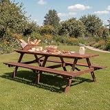 Hohuqeri Picnic Table Bench Set for 12 Persons, 8FT Large Camping Table, Wood Outdoor Dining Beer Table Set with 2” Umbrella Hole for Patio Lawn Garden (Brown)
