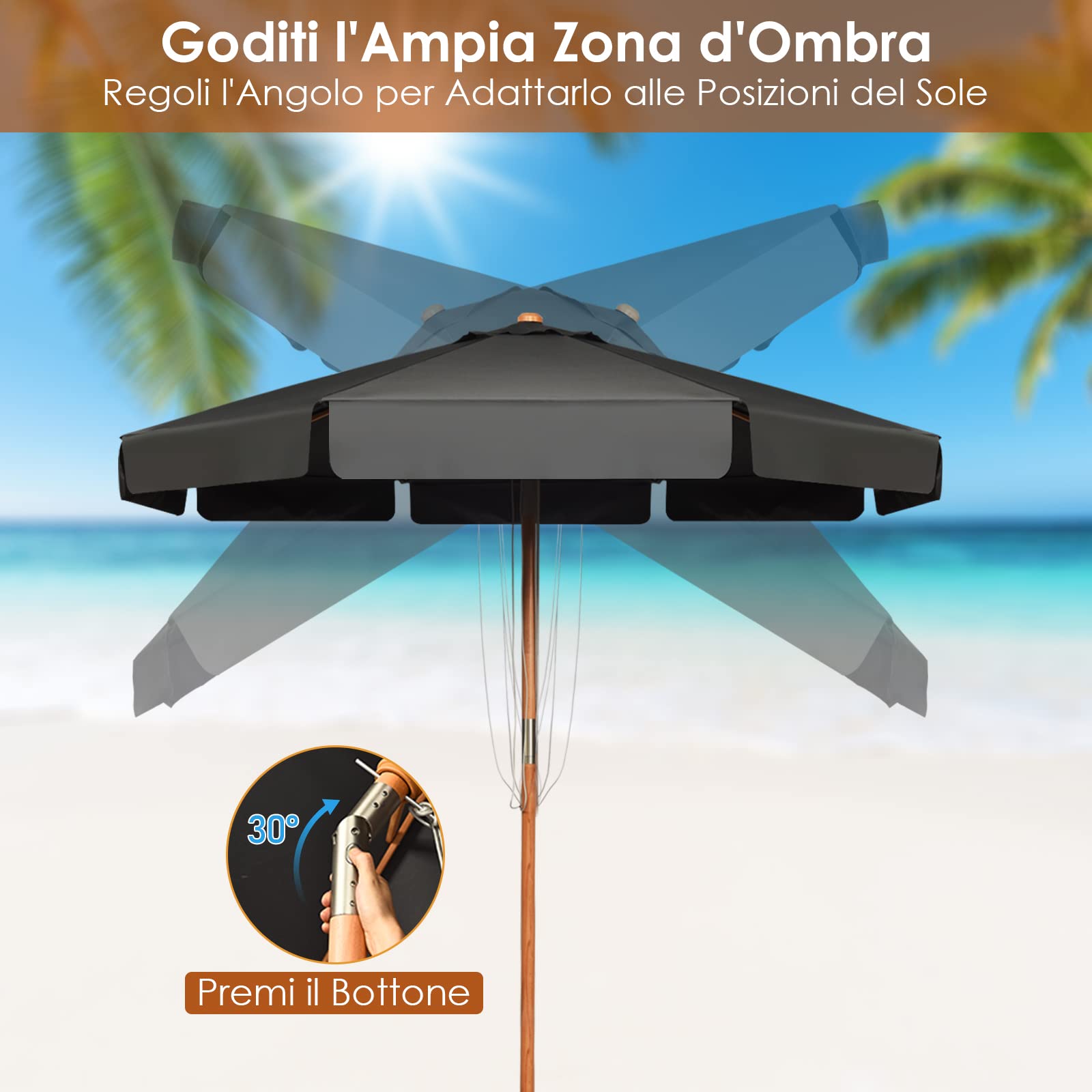 RELAX4LIFE Ombrellone da Giardino 3 x 3 M Rotondo, Ombrellone da Esterno con Tela Impermeabile e Anti-Sole, Struttura in Legno, Altezza e Inclinazione Regolabile (Grigio)