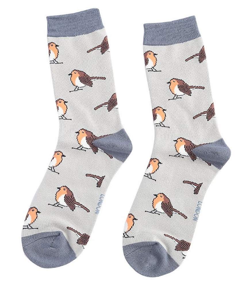Lilyrosa Women's Grey Lilyrosa® Robin Birds Socks Robins Bird Girls Bamboo Mix Uk Size 3 To 7, Red Mustard Green ( New)