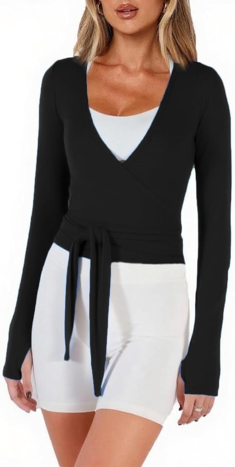Women Crop Wrap Top Thumb Hole Long Sleeve Active Self Tie Workout Shirt Ballet Pilates Yoga Wrap Tops