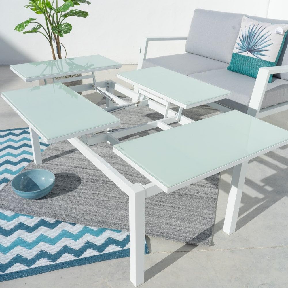LOLAhome Mesa de Centro elevable para Exterior de Aluminio Blanco y Cristal Templado, de 120x60x48 cm, Modelo Agnes