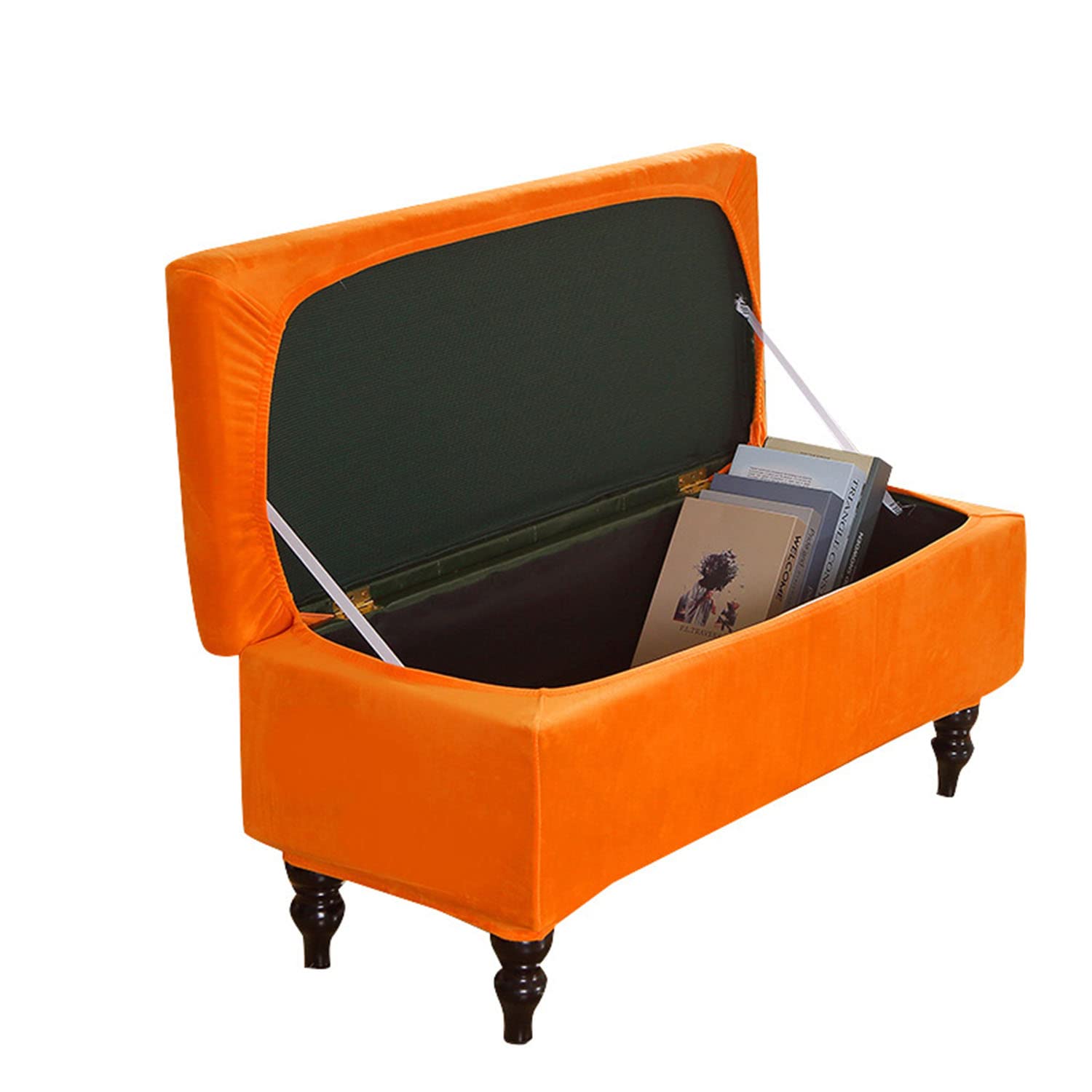 GUYIRT Stretch Ottoman Cover with Storage Lid Cover, Velvet Bench Seat Cover, Non Slip Footstool Slipcover with Elastic Strap for Living Room Bedroom -orange-Medium