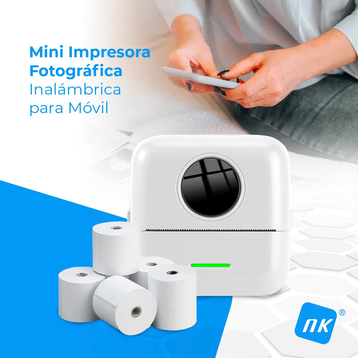 NK Impresora Fotográfica Portátil Mini Térmica Inalámbrica con 5 Rollos de Papel, USB, iOS y Android, Blanco