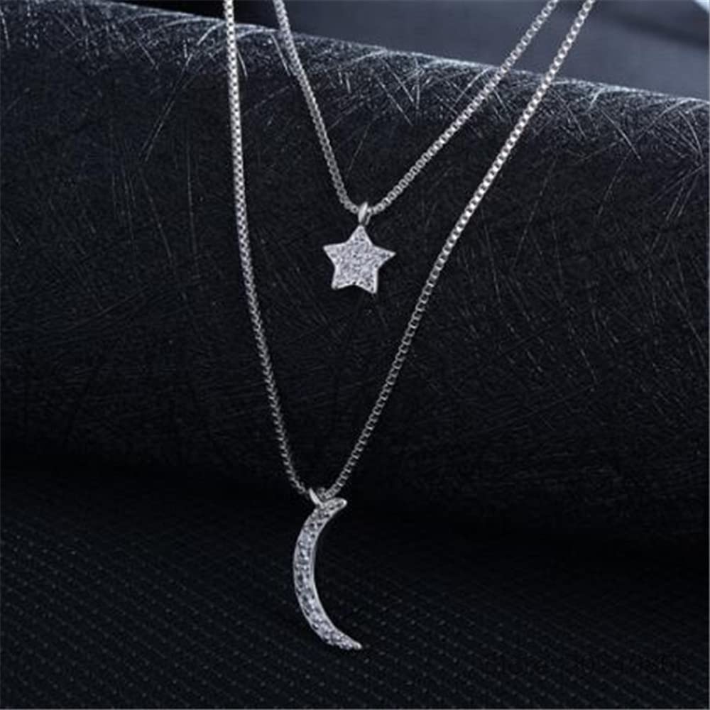 YCQYM Doppelschichtige Zirkonia-Mond-Stern-Halsketten für Damen, Kurze Kette, Halsband de Prata, Geschenk