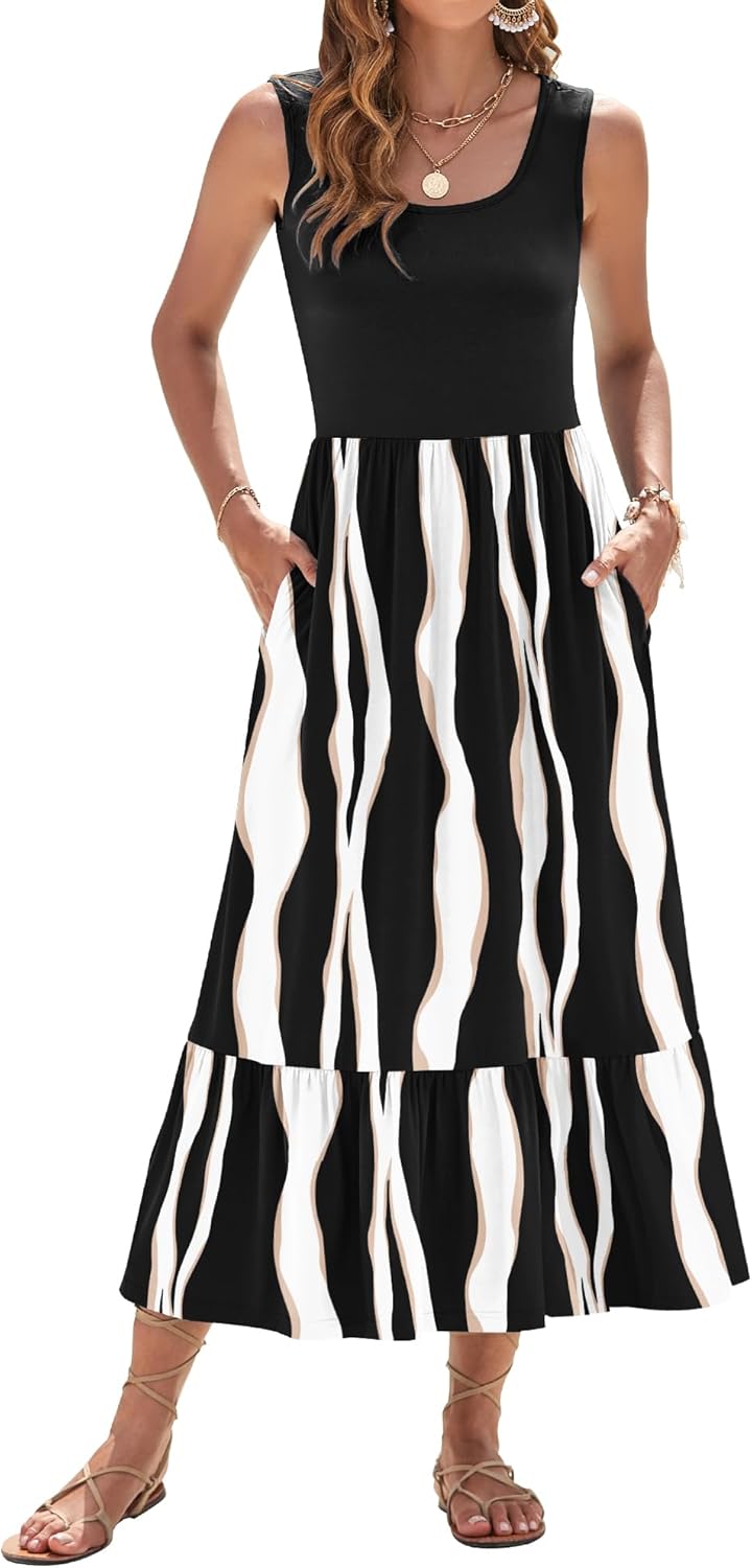 AUSELILY Womens Summer Dresses 2026 Sleeveless Maxi Dress Square Neck Casual Tiered Long Dress with Pockets - Image 2