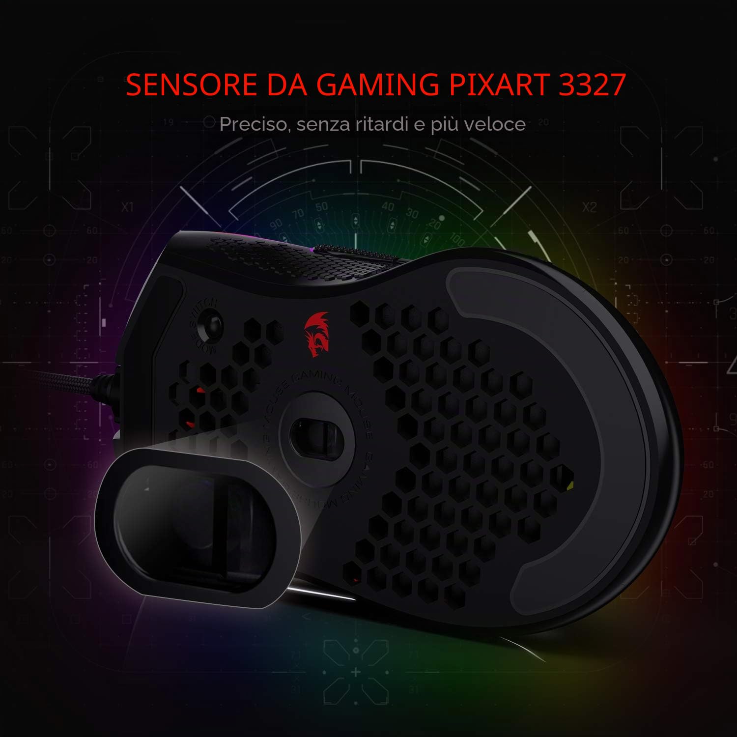 Redragon M808 Storm - Mouse da gioco RGB leggero, guscio a nido d'ape ultraleggero da 85 g - sensore ottico da 12.400 DPI - 7 pulsanti programmabili - registrazione precisa - cavo Super-Lite