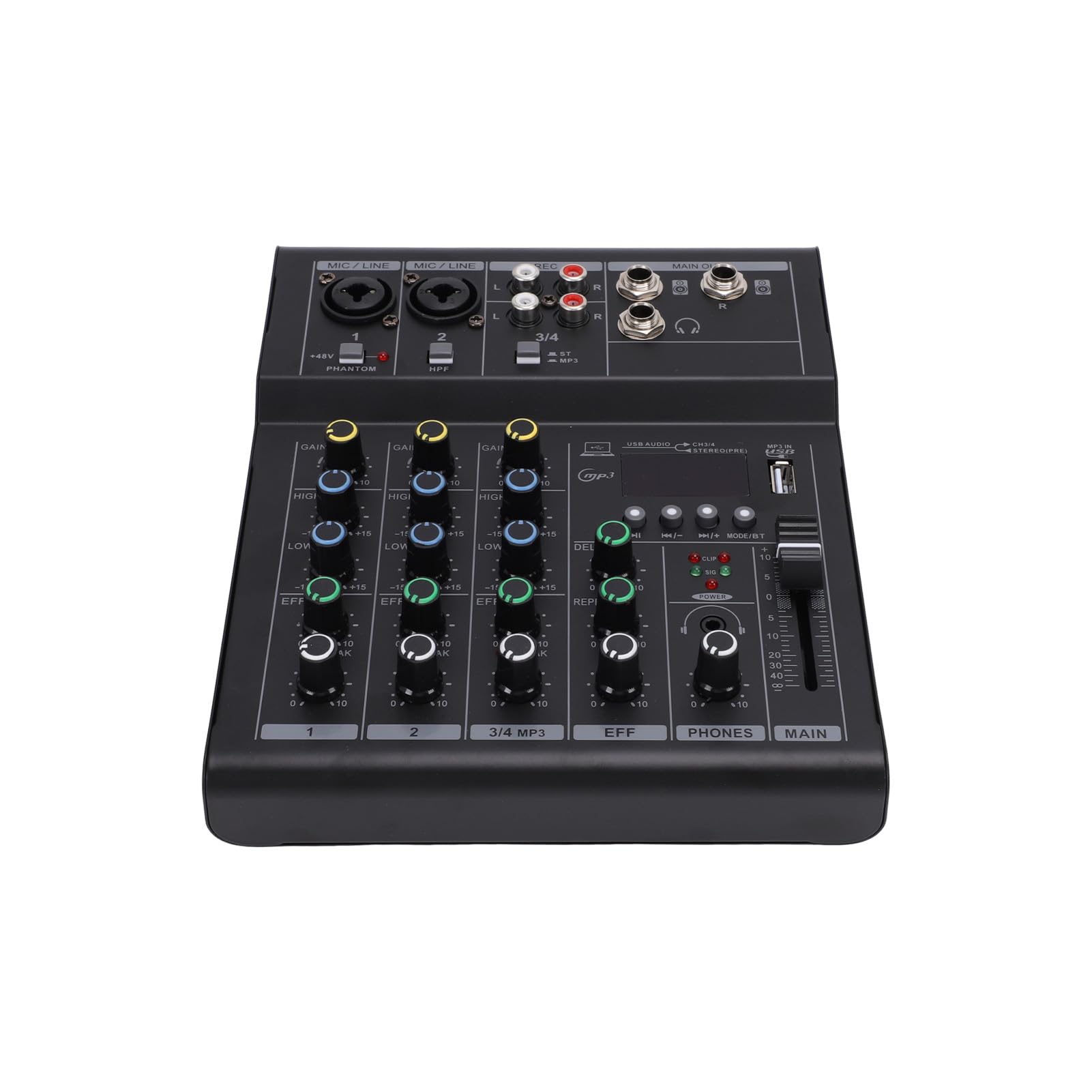 4-Kanal-Mini-Audio-Mixer, BT MP3 USB 48 V Phantomspeisungs-Mixer, Integrierter Gitarrenverstärker- mit DJ-Mischbrett-Design, Ideal für Mikrofone, Gitarren, Keyboards und Studioaufnahmen