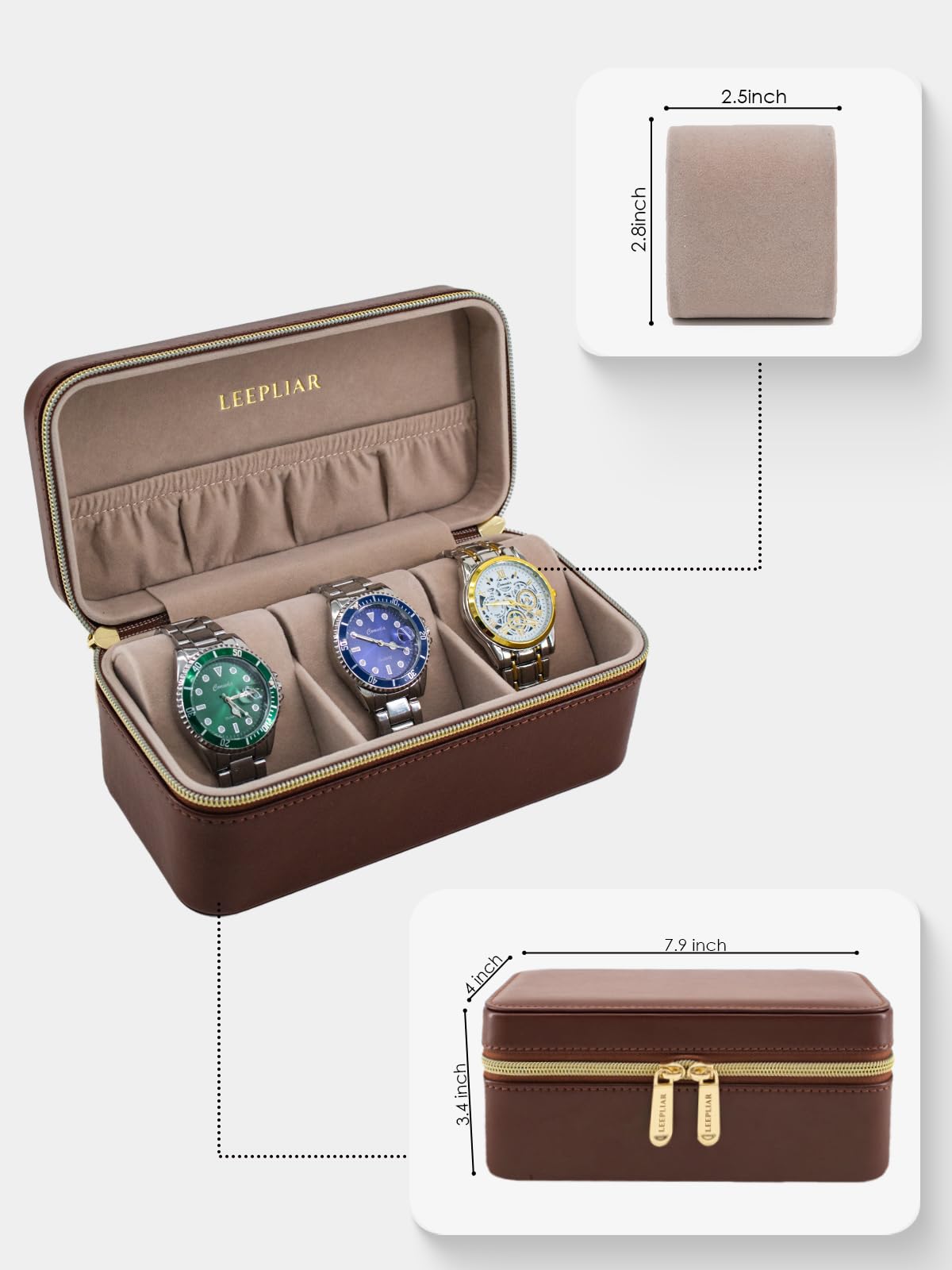 Leepliar 3 Watch Travel Case, 3-Slot Mens Watch Case, Watch Box for Men, Watch box Organizer,Watch Storage Watch Holder Organizer for Men,Brown