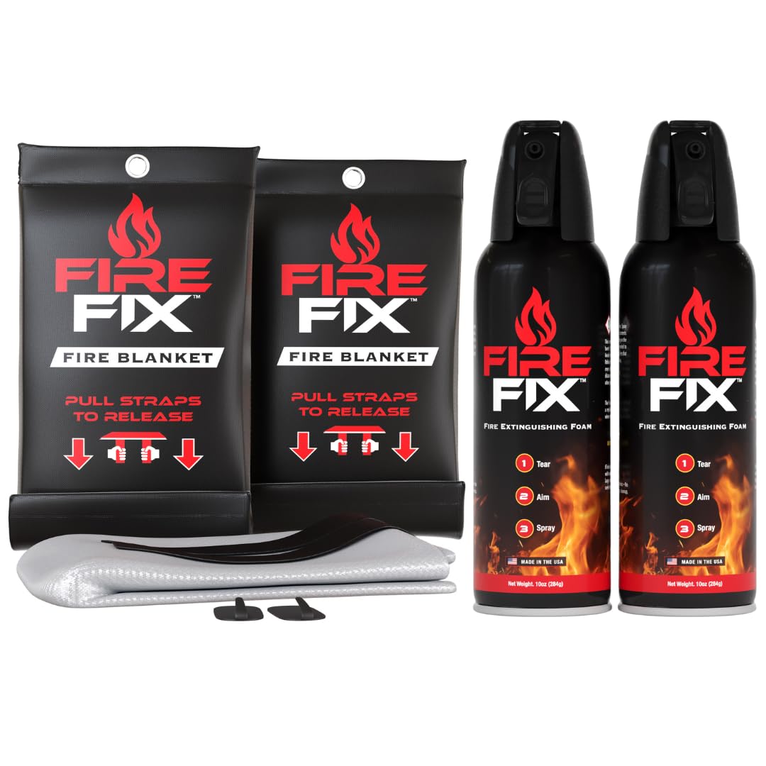 Fire Fix 2 Fire Blankets & 2 Fire Sprays | Fire Extinguisher for Apartment, Boat, Car, Garage, House, Kitchen & Vehicle | Compact, Portable & Easy to Use
