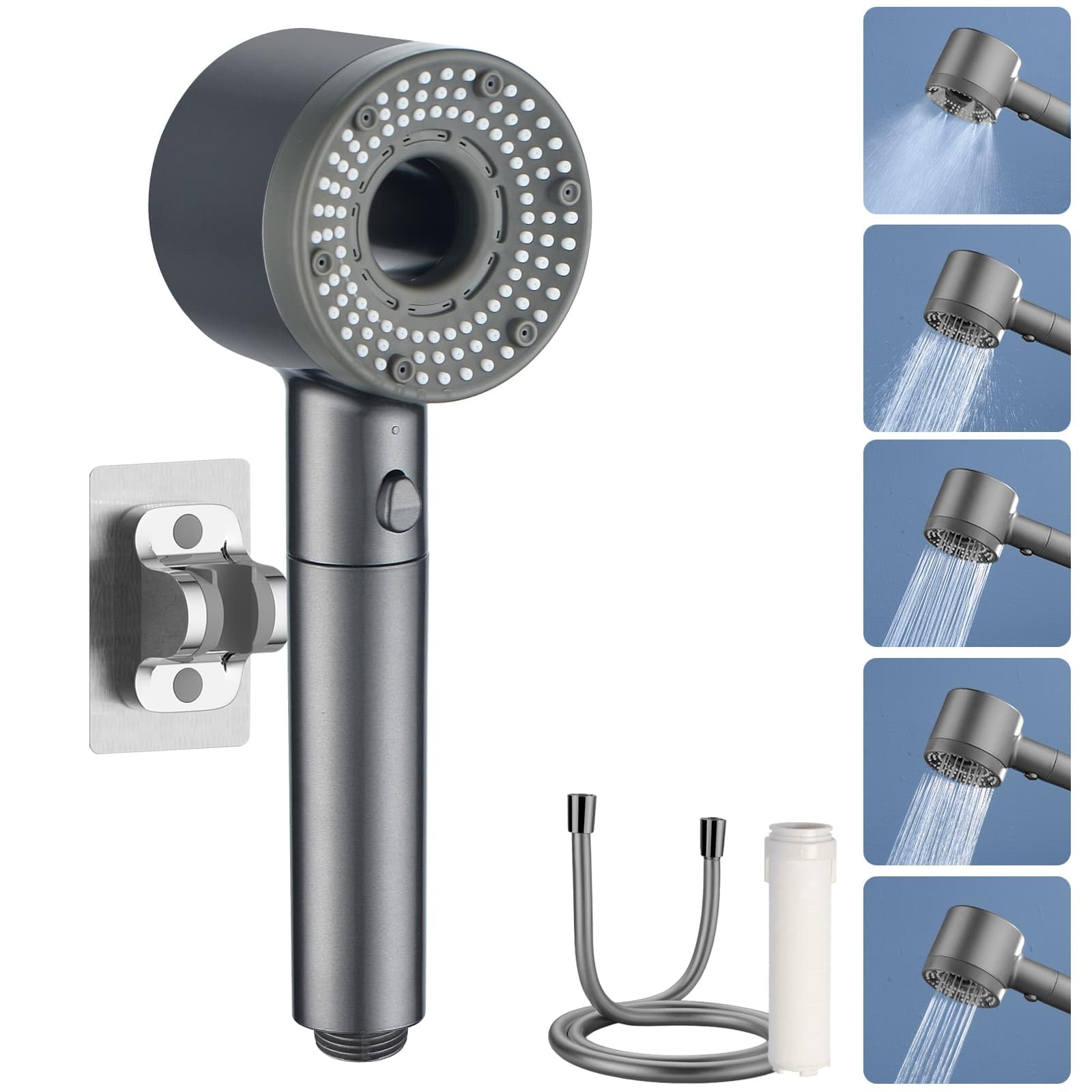 Shower Head Shower Filter,5 Modes High Pressure Handheld Shower with Shower Hose Holder,Hard Water Filter to Remove Chlorine Impurities,Water Softener