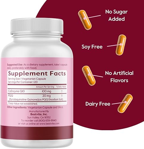 Miniatura 3 de BESTVITE Coq10 100 mg con PQQ 20 mg (120 cápsulas vegetales) - Sin estearatos - Vegano - Sin OMG - Sin gluten - Coq10 con PQQ