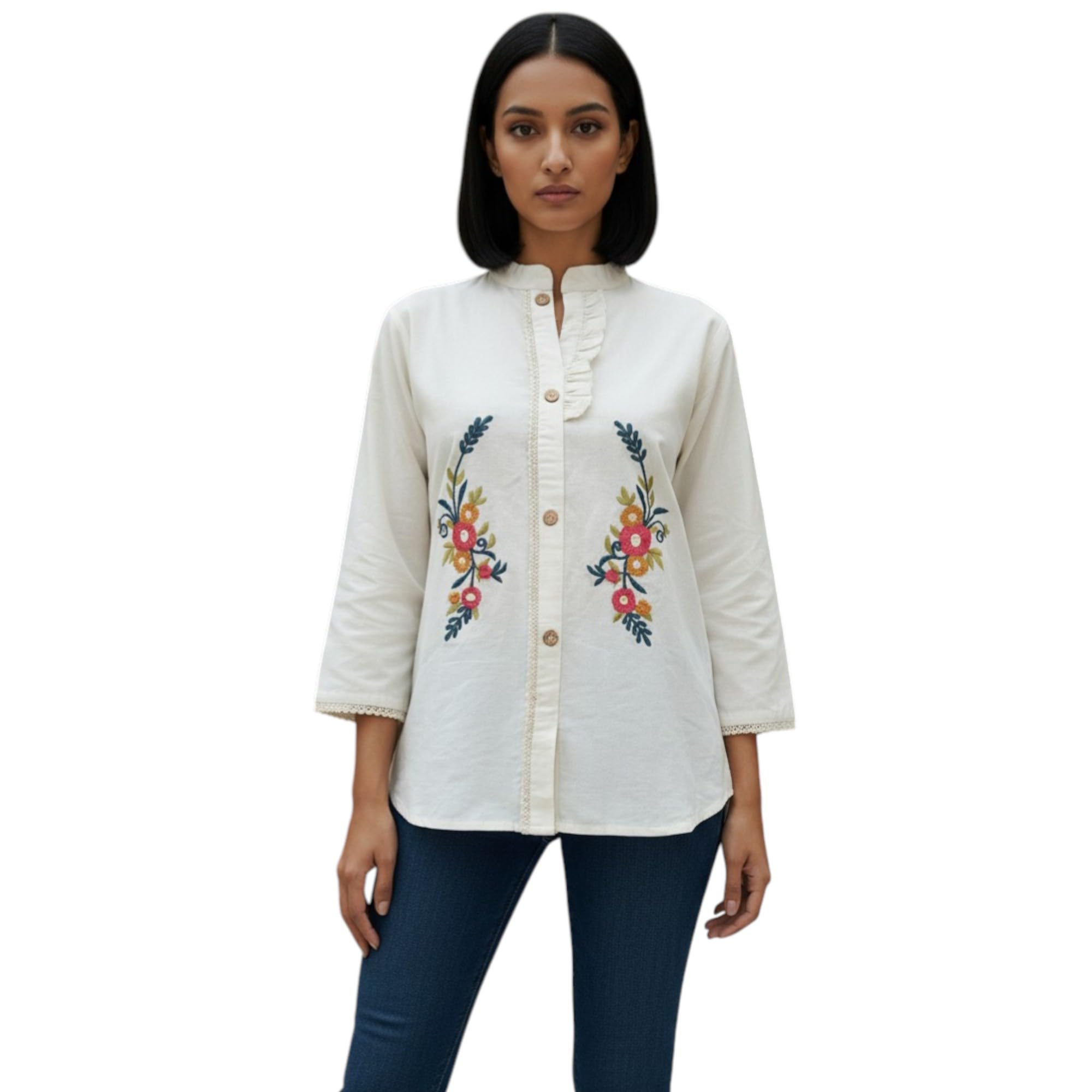 rieka Women?s Cream White Embroidered Cotton Shirt with Floral Thread Work Mandarin Collar Button Down Relaxed Fit Casual Top (RS-TOP-57)-picture-27