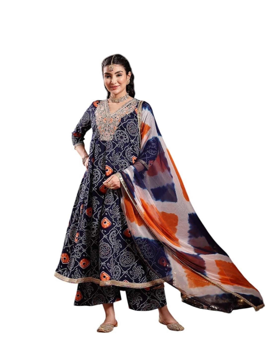 Women's Bandhej Printed & Embroidered Crepe Flared Kurta Palazzo Dupatta Set-image-41