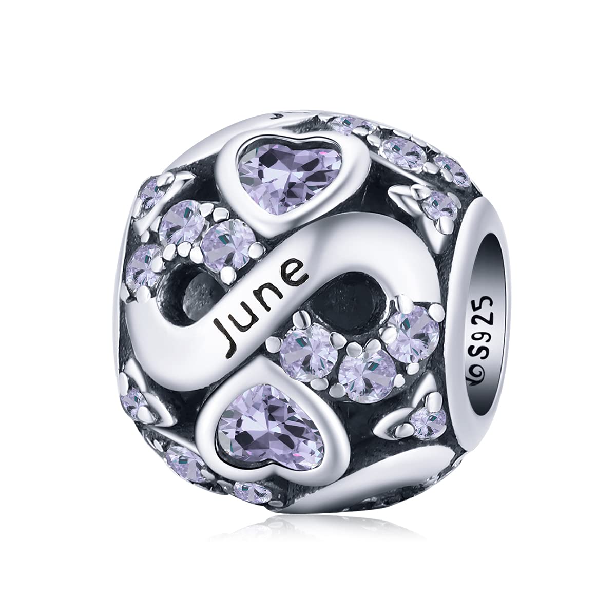 Styczeń - grudzień Charms z kamieniem urodzeniowym 925 srebro Love Heart Ażurowy koralik do bransoletek i naszyjników z cyrkonią DIY Elementy do wyrobu biżuterii (6)