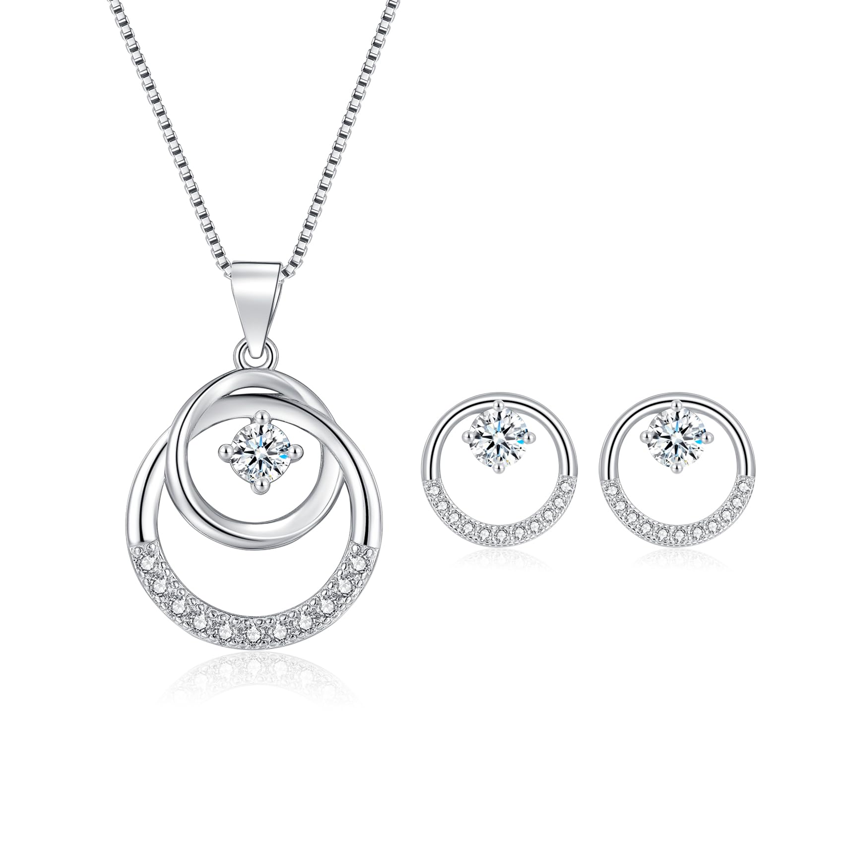 Cangall Zilveren sieradenset voor dames, 925 sterling zilver, halsketting & oorbellen, hangende set met kubische zirkonia, 45 5 cm zilveren ketting met oorbellen, zilver, liefdescadeau voor