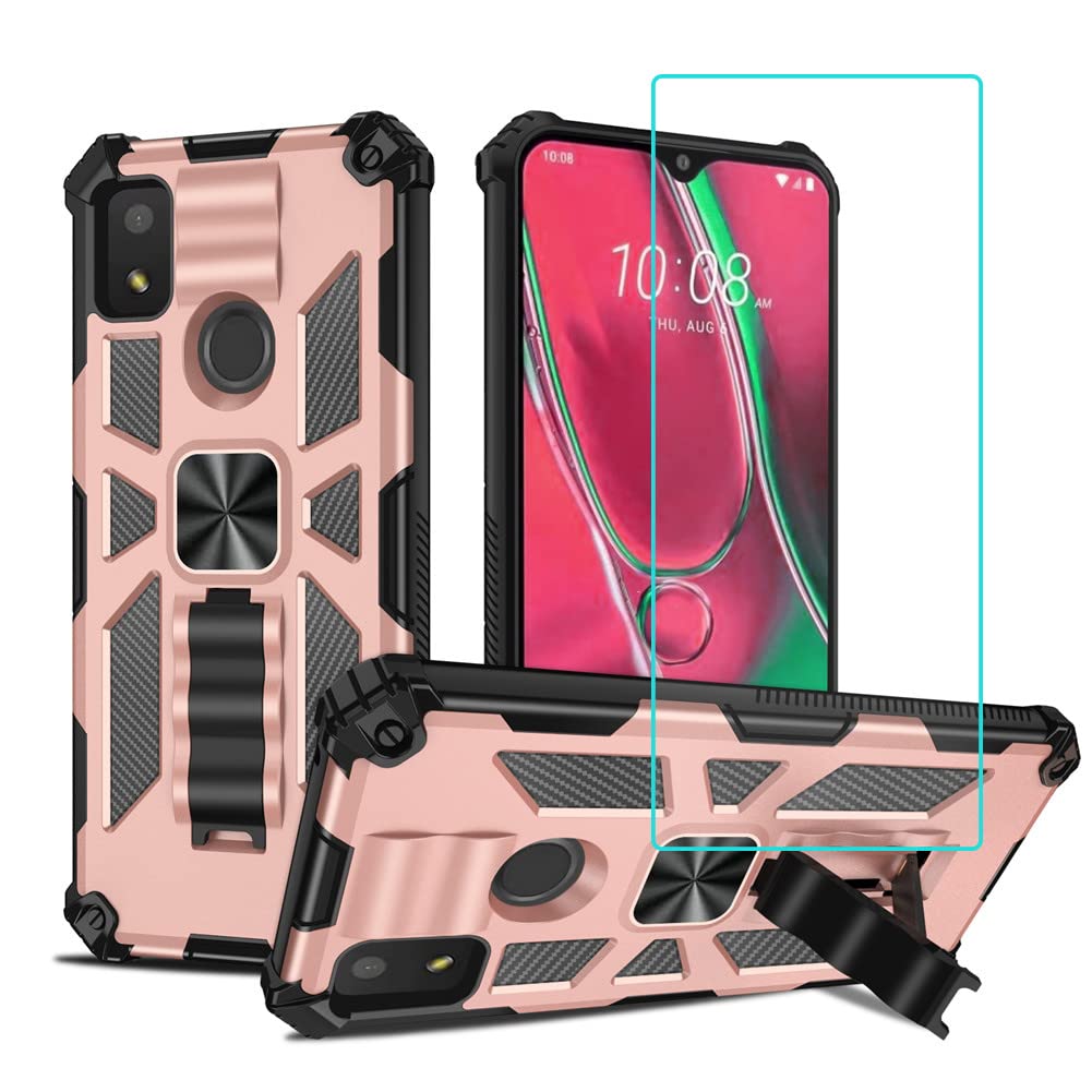 for Cricket Icon 4 Case with 1 Pack Screen Protector,Dual Layer Hybrid Heavy Duty Defender Protection,Sleek Rugged Reinforced Cushion Corner Kickstand Shockproof Bumper Cover for Cricket Icon 4 Rose