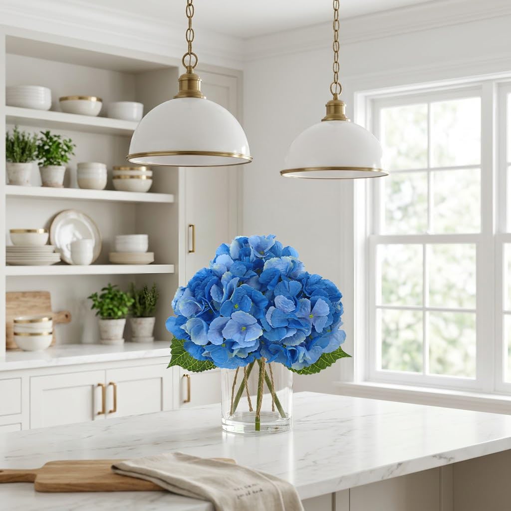 DILATATA Hydrangea Artificial Flowers with Glass Vase, Blue Real Touch Silk Hydrangea Arrangement with Faux Water, Small Faux Floral Centerpiece for Home Decor, Wedding, Bathroom, Shelf, Coffee Table
