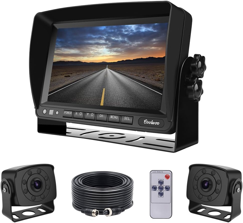 Black Friday Clearance Dual Backup Cameras and Monitor Kit Wired for Van, RV, Semi Truck, 2 Upgraded 175º Wide View Infrared Waterproof Rear View Cams with 7 Inch Adjustable Display