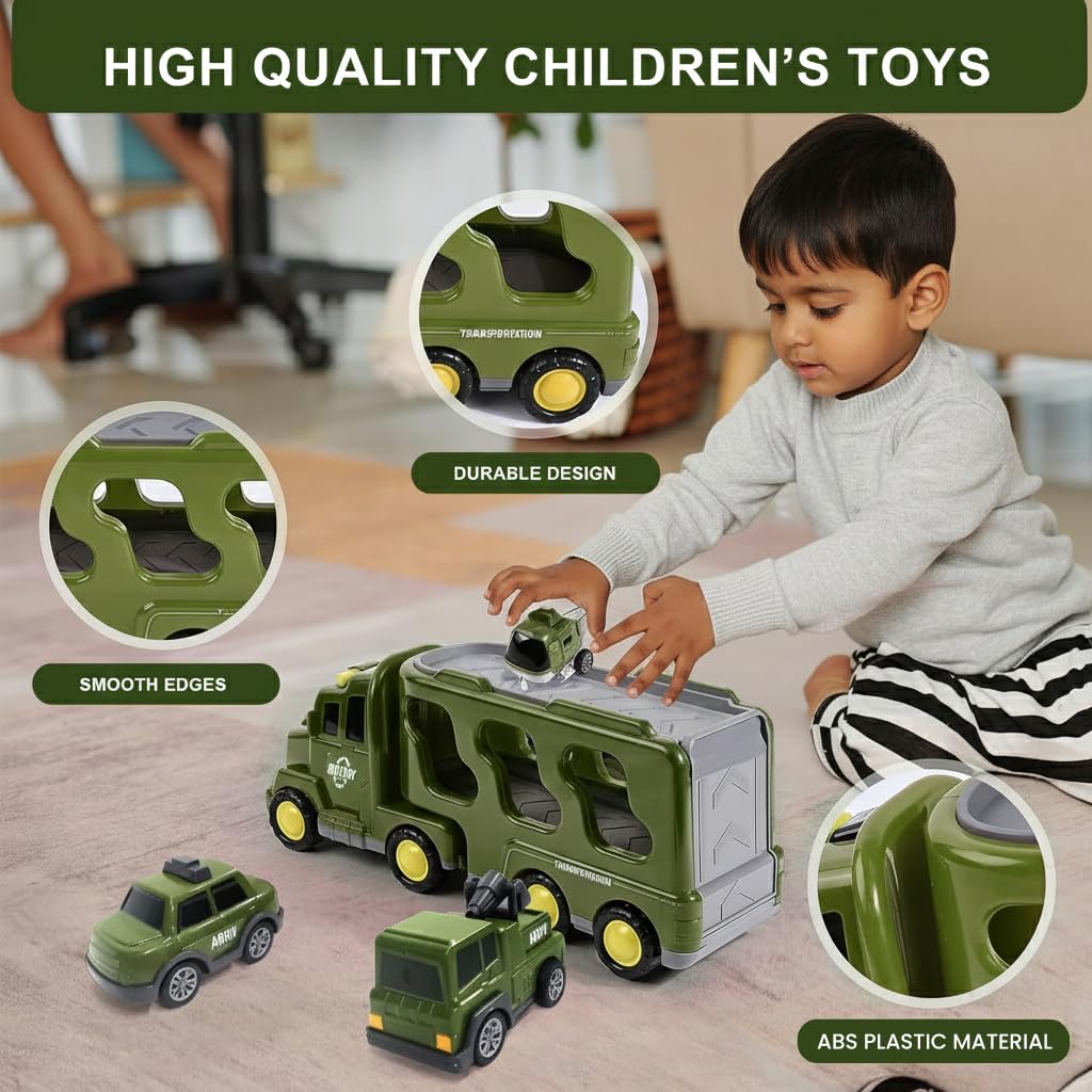 Kidology 5-in-1 Friction-Powered Military Army Truck Toy Set with Music β Montessori Educational Transport Carrier Vehicle Toy for Boys & Girls, Fun Birthday Gift for Kids Ages 3+ 3