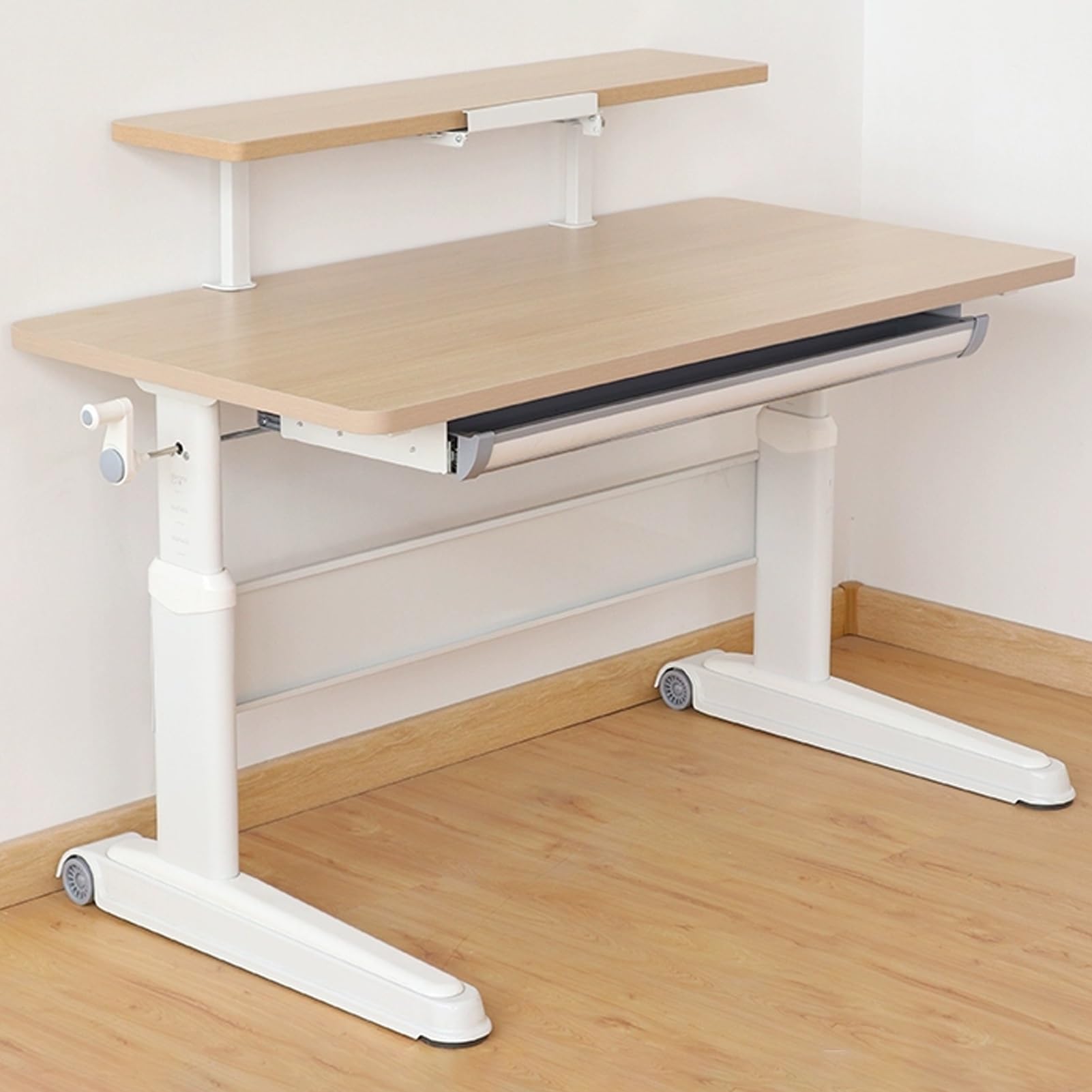 MYUYEE Standing Desk, Hand Crank Adjustable Office Desk With Hidden Drawers And Bookshelves, Mobile Stand Up Desk With Carbon Steel Table Legs, For Home Office,White,120X60Cm (Natural-140X70Cm)