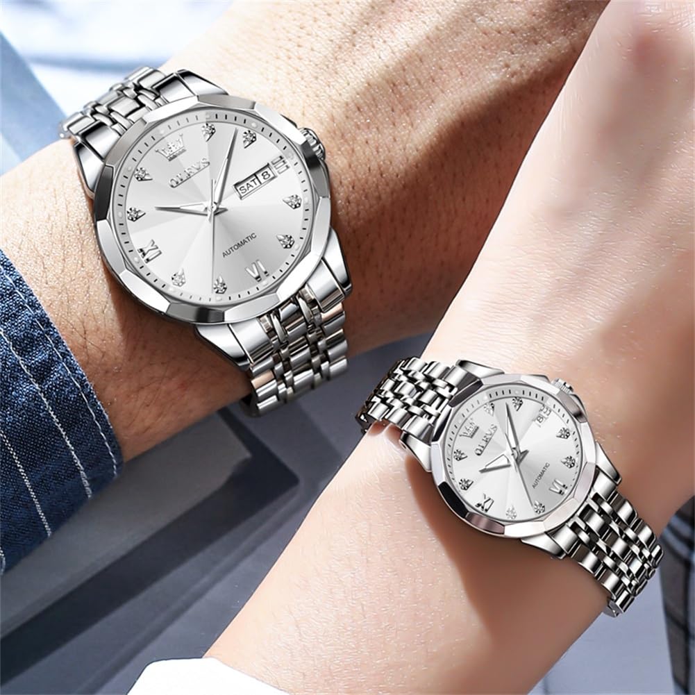 OLEVS Herren-Armbanduhr, Skelett, automatisch, luxuriös, großes Zifferblatt, mehrere Kalender, Edelstahl, wasserdicht, leuchtende Armbanduhr für Herren