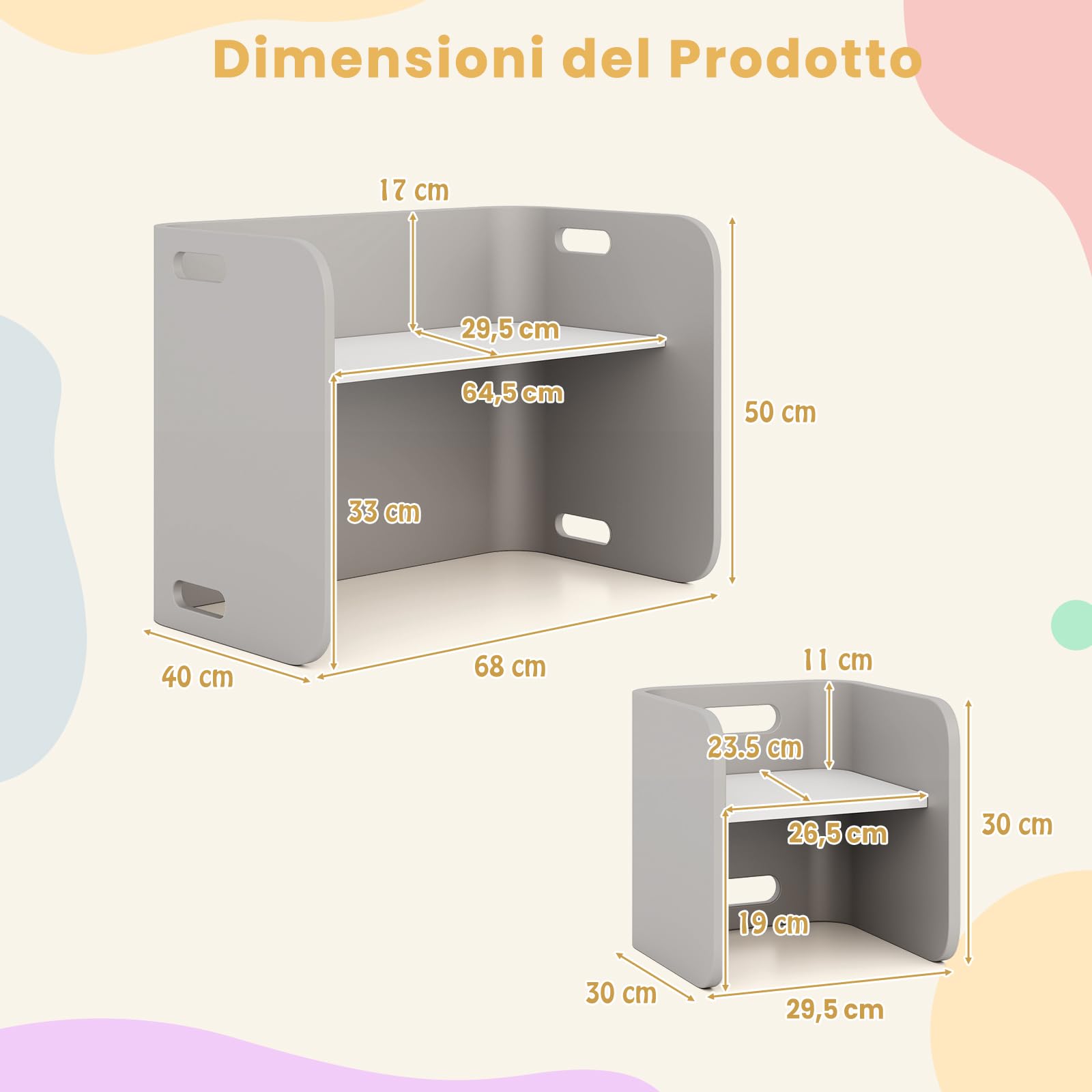 RELAX4LIFE Set da Tavolo e Sedie per Bambini con Design Multiuso, Tavolo/Scrivania/Panca con Schienale/Tavolino Laterale 4 in 1, Salvaspazio, in Legno di Betulla (Grigio)