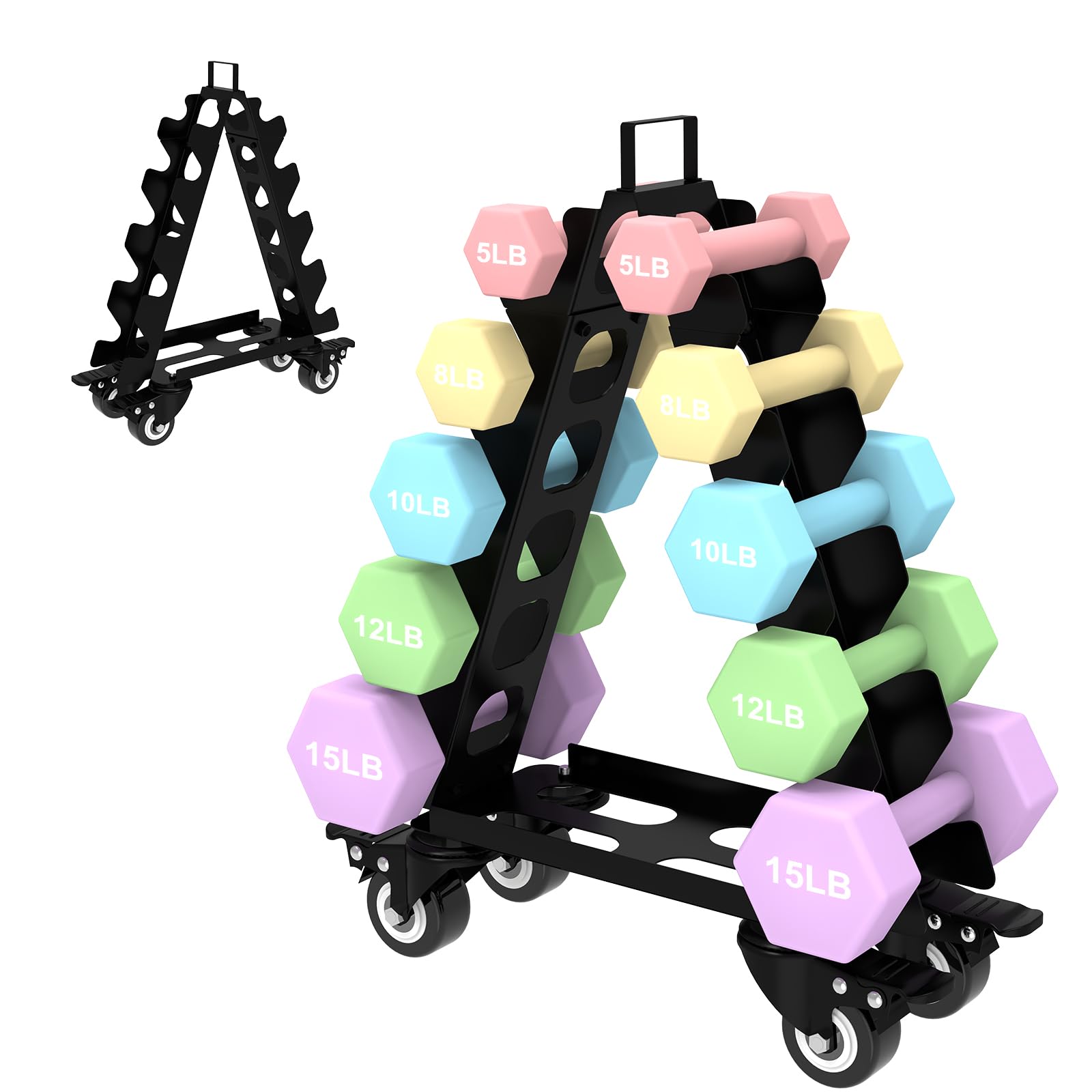 Dumbbell Rack 5 Tier with Wheels(Dumbbells not included),A-Frame Metal Dumbbell Holder with Handle,Multilevel Weight Storage for Dumbbells,Tree Shape Compact Weight Rack/Holder,Perfect for Home Gym