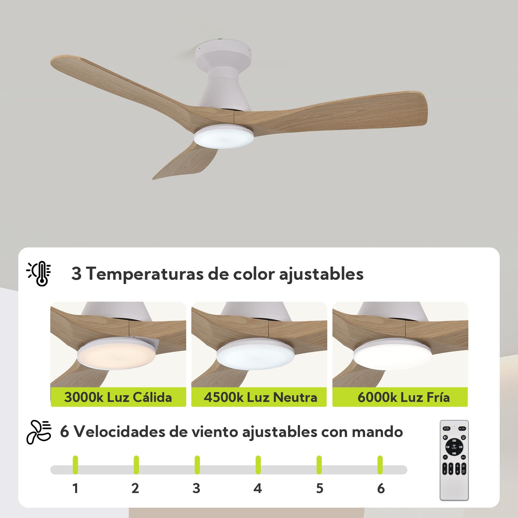 Ventilador de Techo con Luz LED 42" / 106 cm, Motor DC Silencioso 3 Aspas de Plástico Efecto Madera, 6 Velocidades, 3 Temperaturas(3000K-6000K), Función Inversa y Mando a Distancia,Efecto Madera