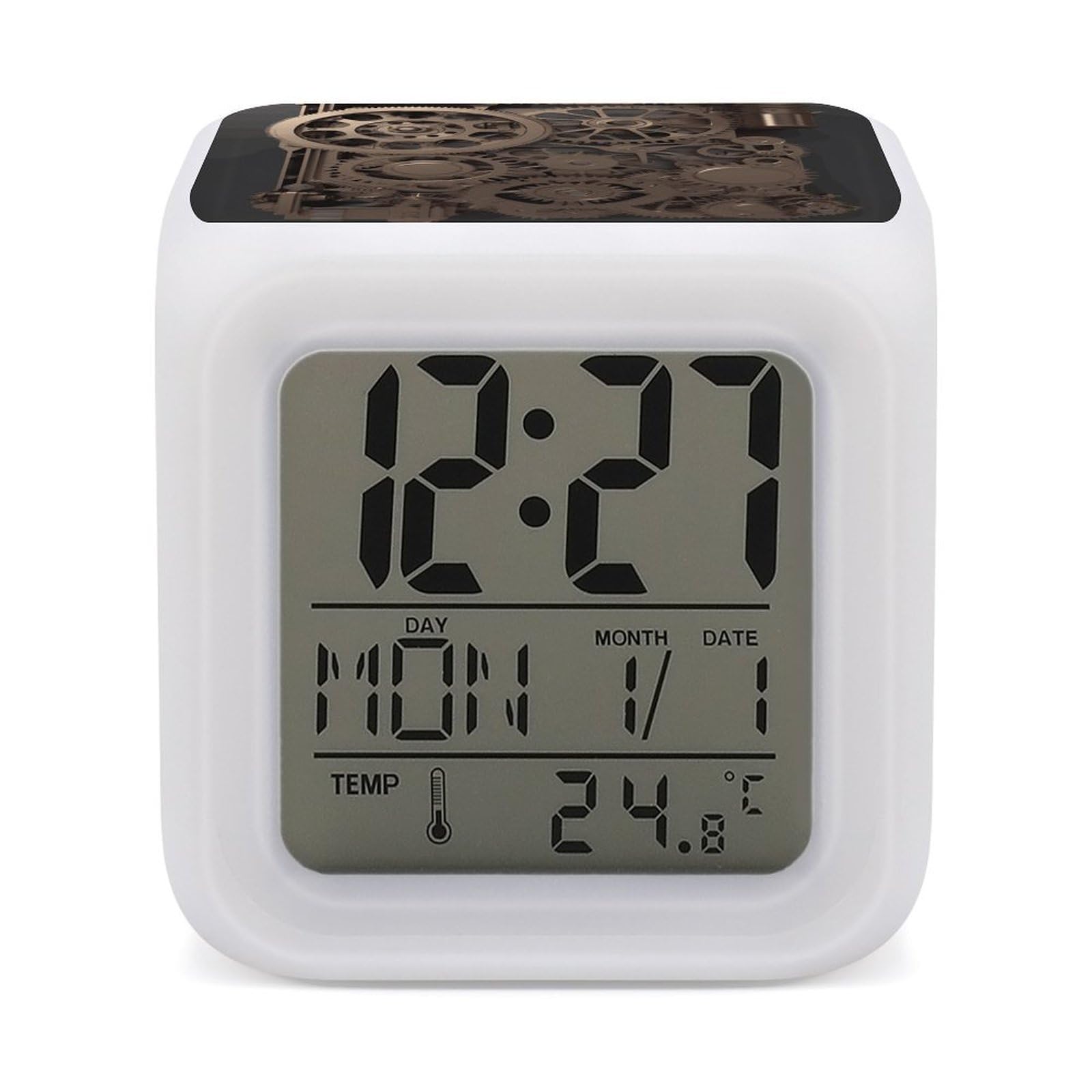 FekiLoot Steampunk Mechanical Gears Alarm Clock, Personalized Cube LED Wake Up Clock with Temperature Display, 7 Color Changing Night Light Digital Clocks for Bedroom Office Decor & Heavy Sleepers
