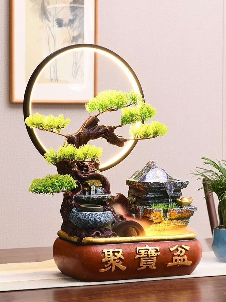 Fuente Decorativa para jardín Fuente de rocalla Decorativa Escritorio con Cuenco del Tesoro y Rueda la Fortuna Feng Shui Anillo luz atomizada(Pequeño)