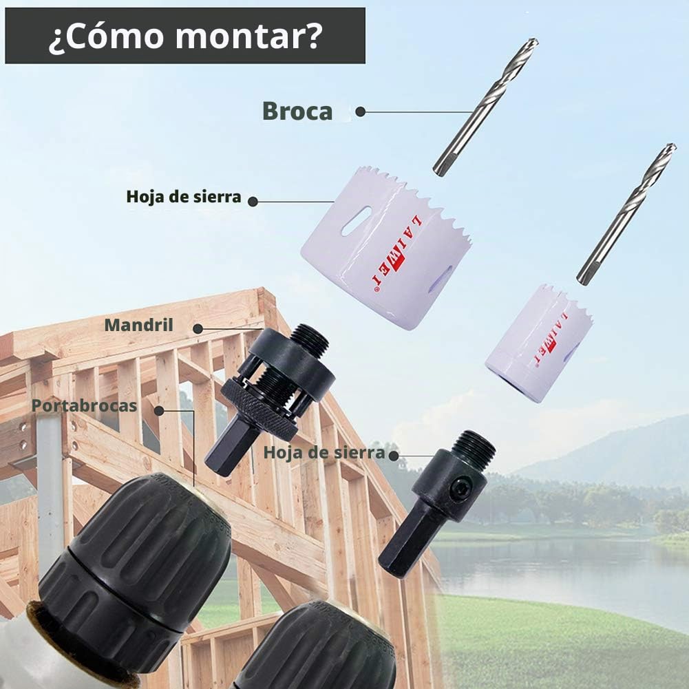 Kit de sierra de agujero bimetal,juego de 23 piezas con vástagos y brocas de repuesto,construcción de acero resistente para madera perforada,aluminio,metal o PVC,fontanería y carpintería de bricolaje