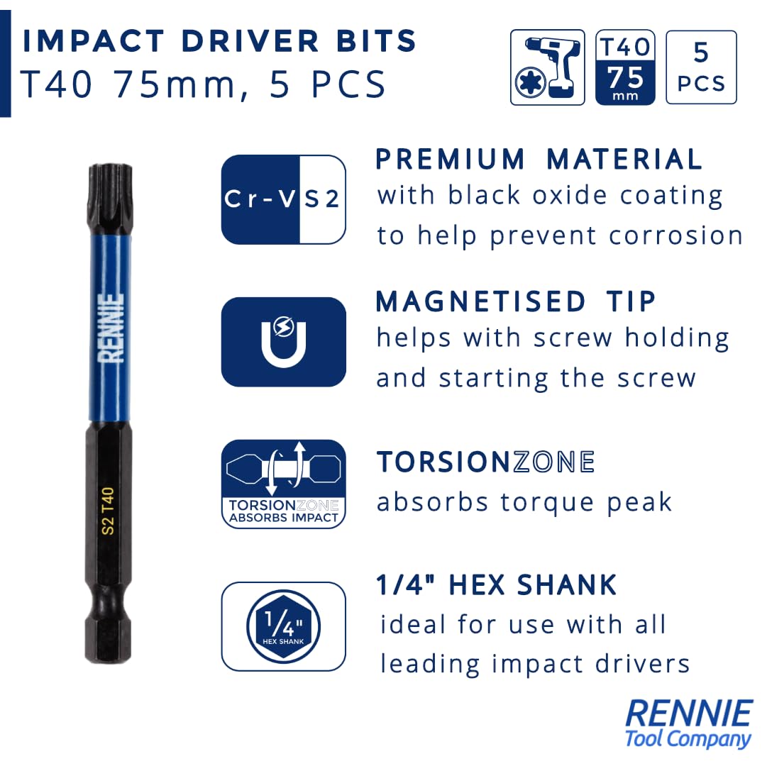 5 x Rennie Tools 75mm Long T40 TX40 Impact Screwdriver Driver Bits Set. Heavy Duty Magnetic Torx Screwdriver Bit Set. Black Oxide Coated Torx Impact Driver Bits. Torx Bit Set - Image 3