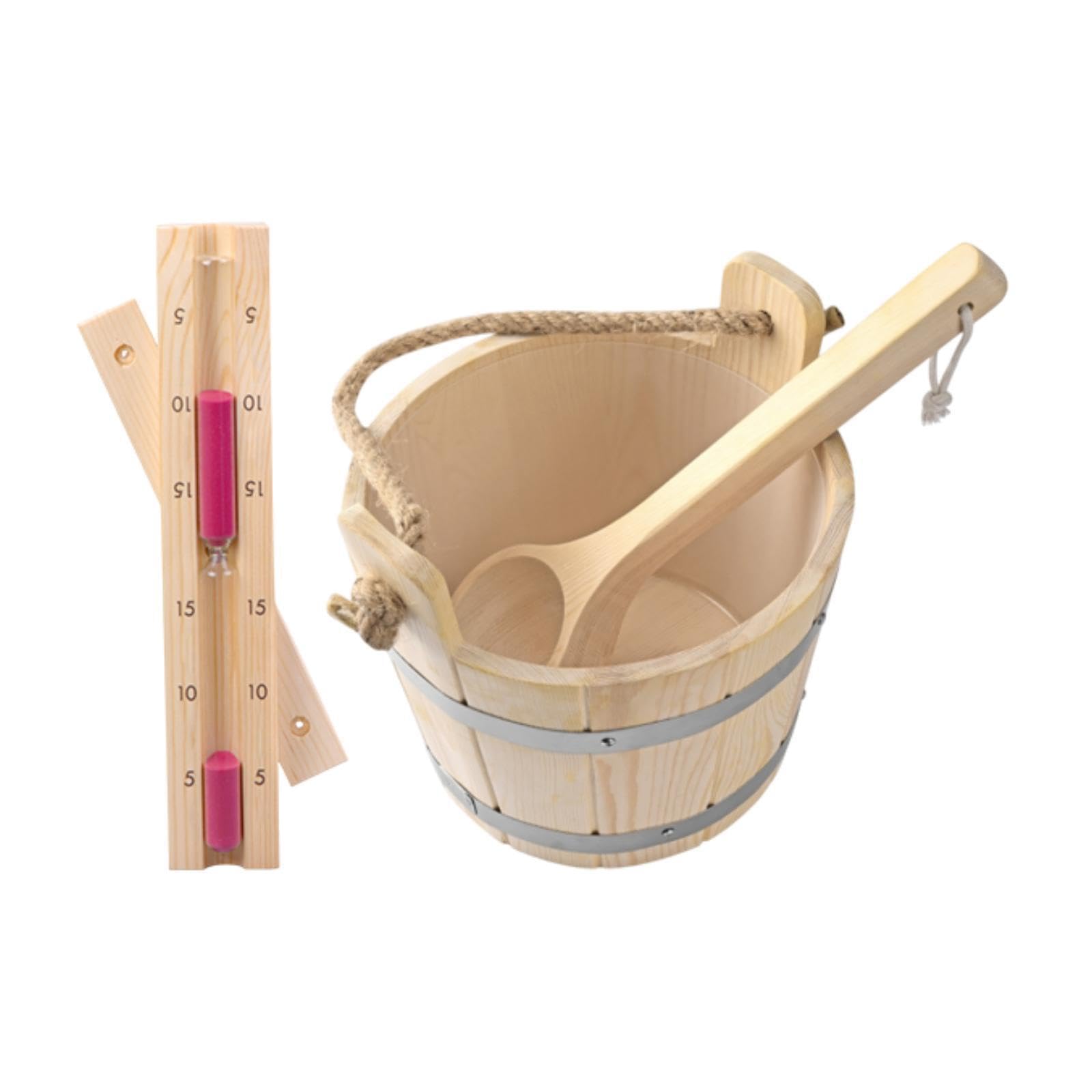 Cubo y cucharón de Para madera para sauna de 5 litros capacidad, resistente y con temporizador reloj arena. Ideal para saunas vapor. Kit accesorios portátil y resistente.