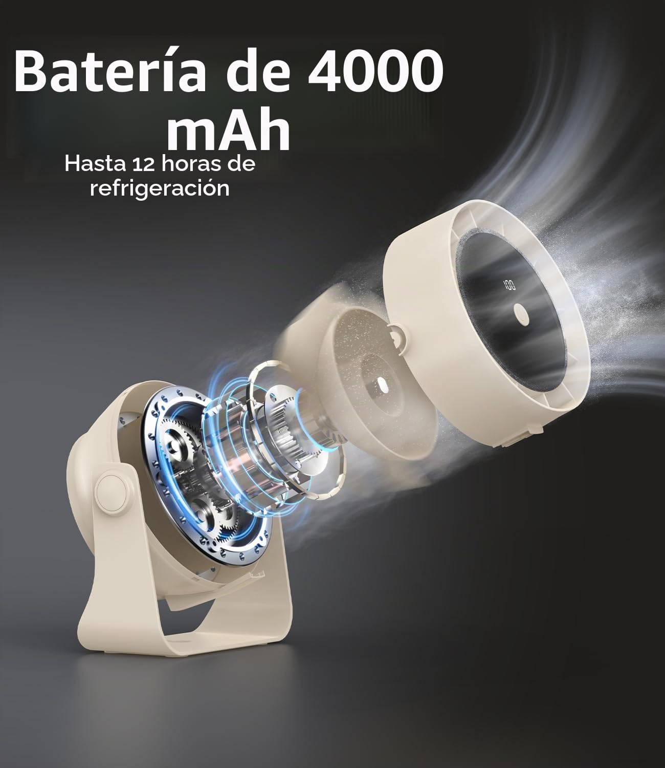 Ventilador USB de Mesa Portátil, Ventilador de Escritorio Silencioso con Pantalla Digital Recargable 4000mAh, 100 Velocidades, Rotación de 360°, Mini Ventilador para Oficina, Hogar