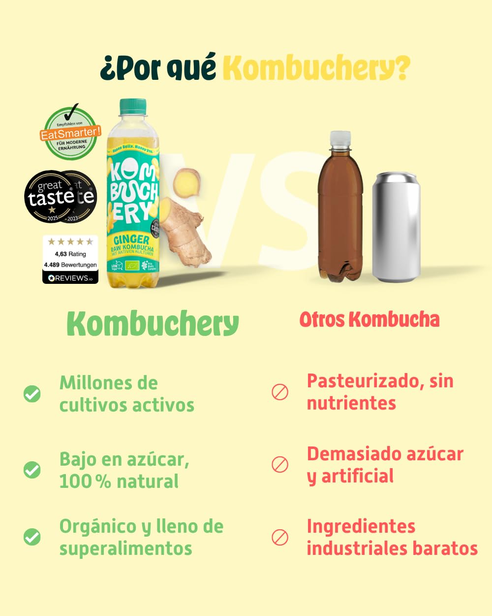 KOMBUCHERY® Kombucha de Jengibre Ecológico Crudo | 36 x 400 ml | Té fermentado con cultivos vivos | Bajo en azúcar y calorías | Sin pasteurizar, probiótico