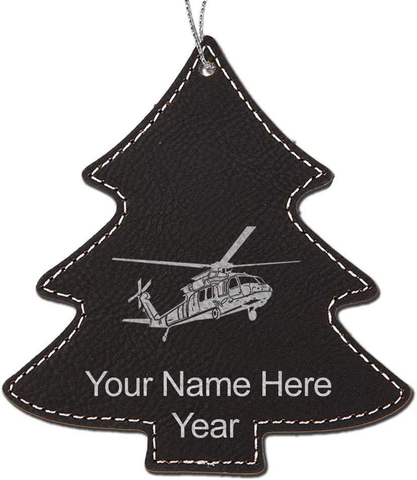 LaserGram Personalized Christmas Ornament, Military Helicopter 1, Faux Leather, Custom Laser Engraved Gift Idea (Tree Shape, Dark Blue)