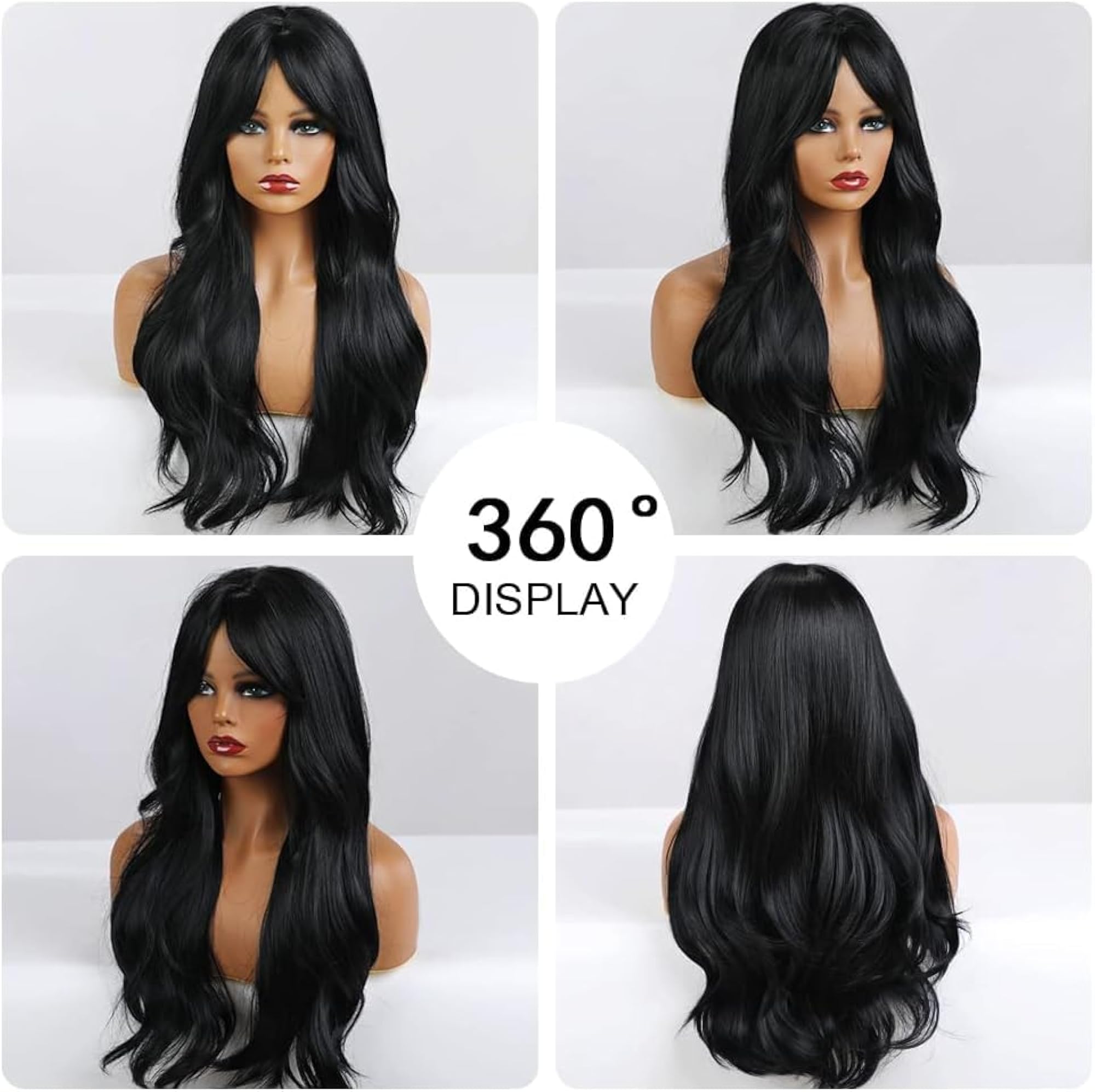 Women Matt Finish Synthetic Long Wavy Front Hair Wig Bangs Black