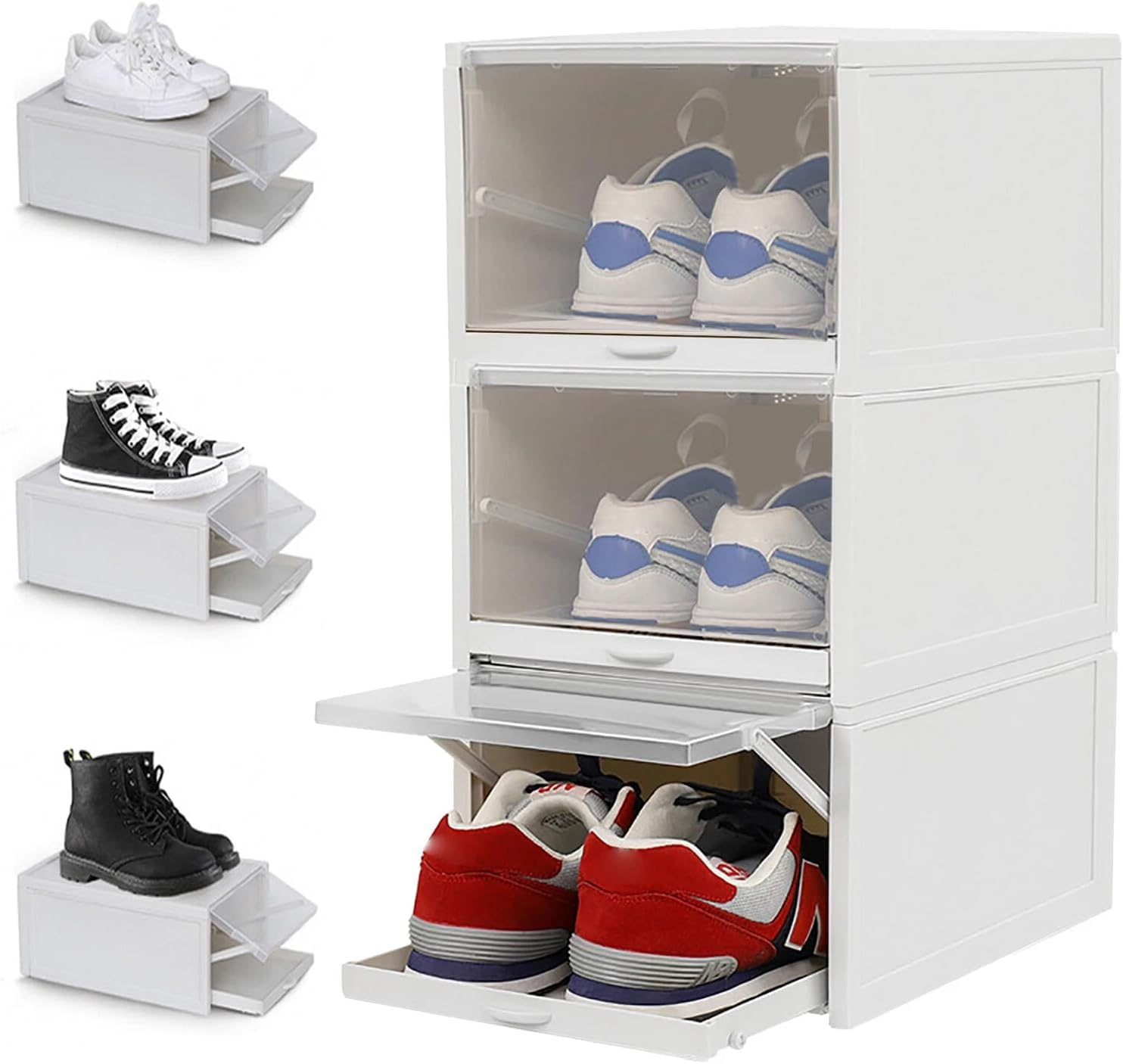 Scatola trasparente per scarpe con cassetto, set di 3 contenitori impilabili in plastica, organizer trasparente per armadio o armadio (polipropilene di alta qualità, salvaspazio)