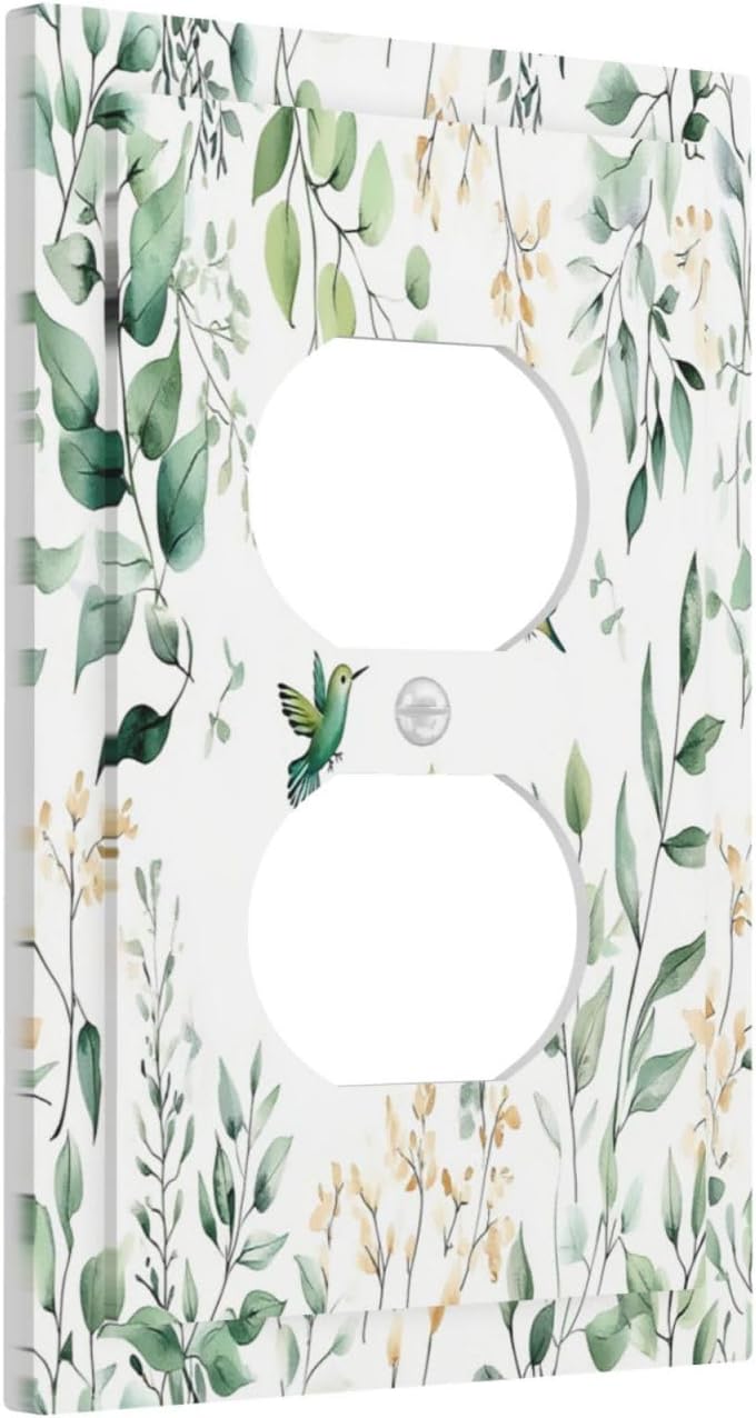Outlet Covers Watercolor Green Leaves Vines Bird 1 Gang Duplex Light Switch Cover Decorative Switch Plates Electrical Receptacle Faceplate Wall Plate For Bed Room Living Room Decor