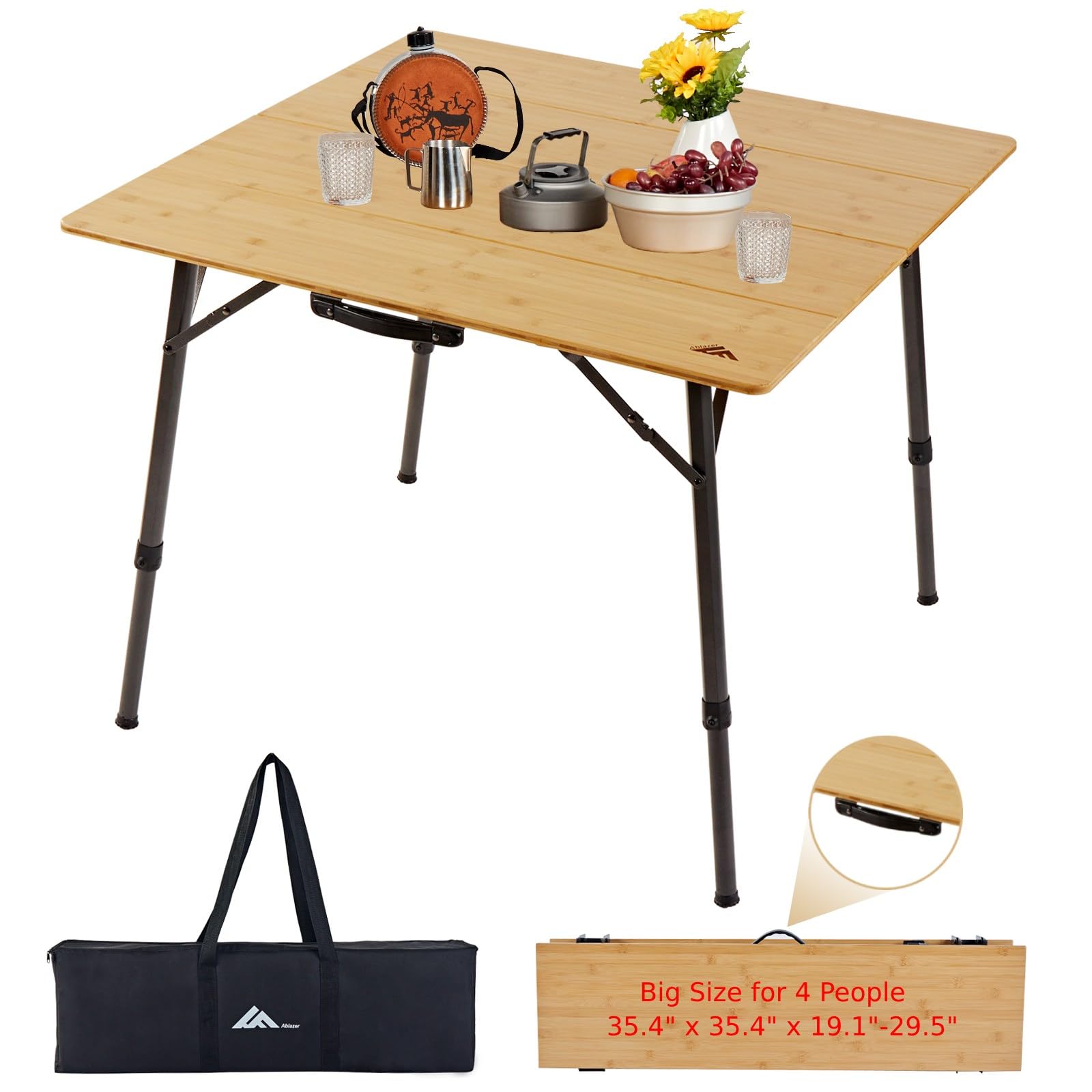 Photo 1 of Ablazer Camping Table Bamboo Folding Table with Handle, Adjustable Height Portable Table for Camping, Picnic, Outdoor and Indoor, 4-Fold Natural Bamboo Top (1-4 People)