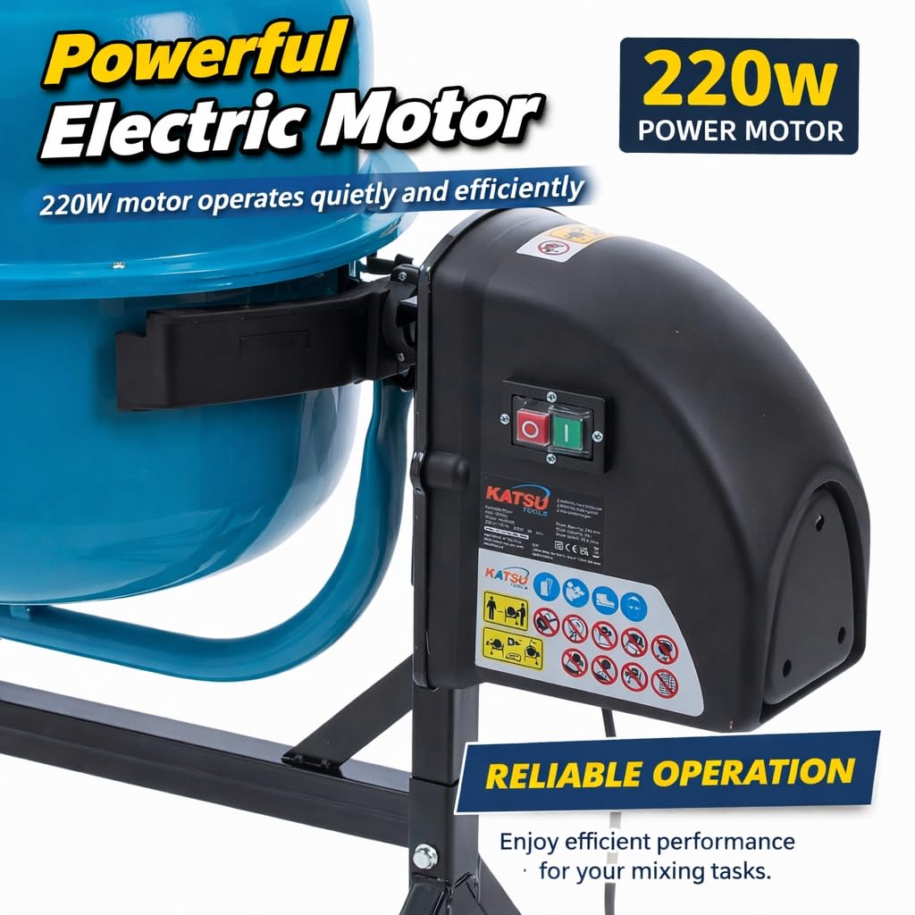 KATSU Tools Betoniera Elettrica 63L - 220W Portatile Malta Cemento Mixer con Ruote, Supporto e Maniglia Ribaltabile, Ideale per Fai Da Te e Costruzione, Modello 167340