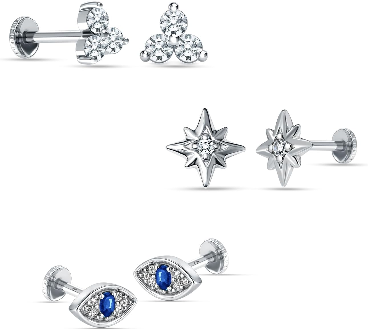 LeCalla Set of 3 Pairs 925 Sterling Silver Cubic Zirconia Stud Earrings for Women | Rhodium-Plated CZ Earrings Set with Evil Eye, Star, Moon, Lightning, Teardrop & Trio Designs