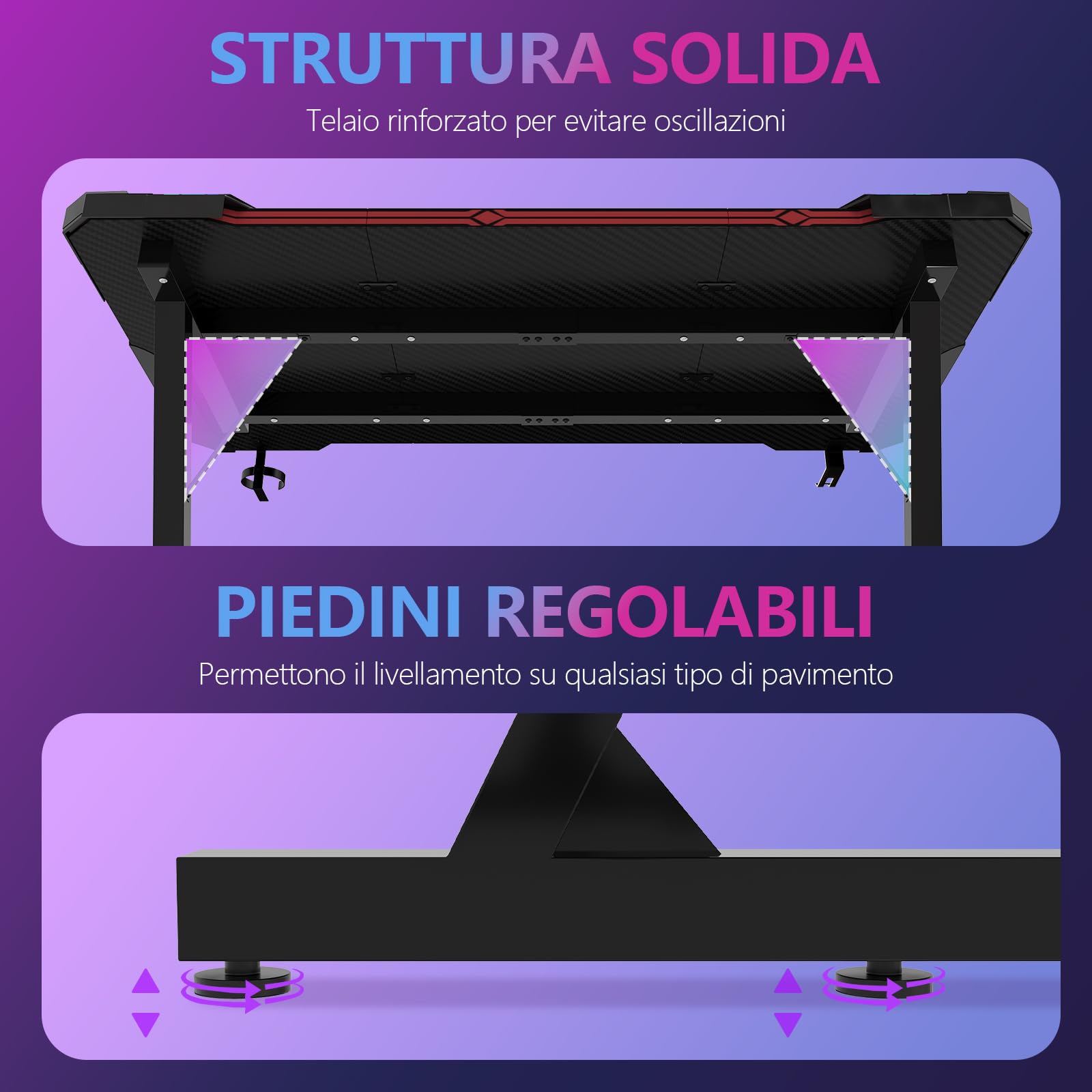 Scrivania Gaming LED 120x60 cm - Tavolo da Gaming con Luci RGB a Controllo Tattile, Piano in Fibra di Carbonio Nero, Ganci per Cuffie, Design Ergonomico, Scrivania PC per Setup Gamer Professionale