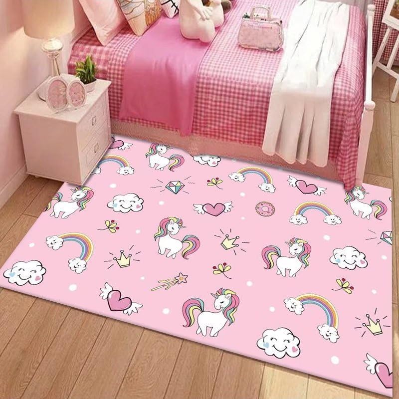 Cartoon Unicorn Rug Kids Girl's room carpet -80 x 120cm Activity Playmat Non-Slip Nursery Rug,Washable Stain-Resistant Soft Crawling Carpet For Girl's Children's Bedroom Playroom Floor (Pink1)