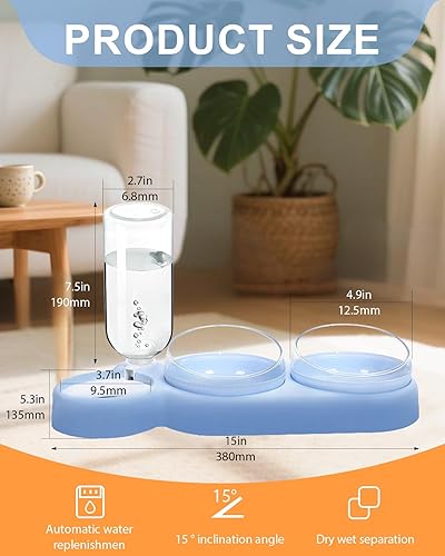Miniatura 2 de Juego de cuencos para gatos, 3 en 1, con inclinación de 15, cuencos dobles para alimentos con botella dispensadora de 16.9 fl oz para mascotas